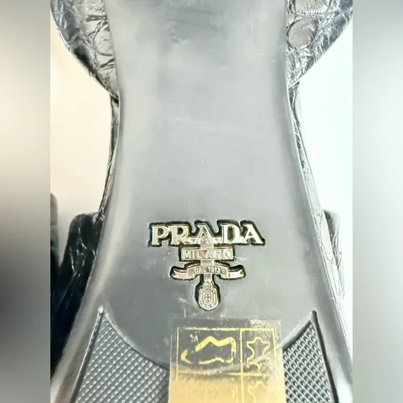 Prada Black Embossed Croc effect leather Quarter strap platform sandals EU 37.5 - Picture 9 of 9